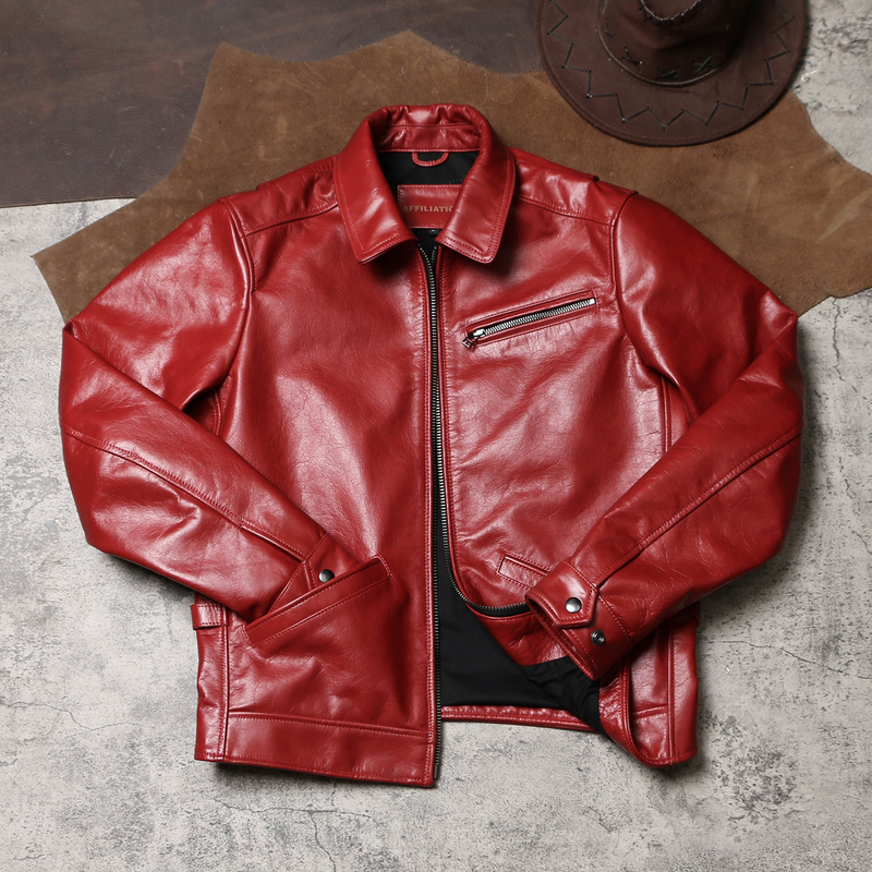 1930S Retro Divine Leather Jacket, Bright Red Oil Waxed Cowhide Coat, Short Slim Fit Biker Leather Jacket with Lapels