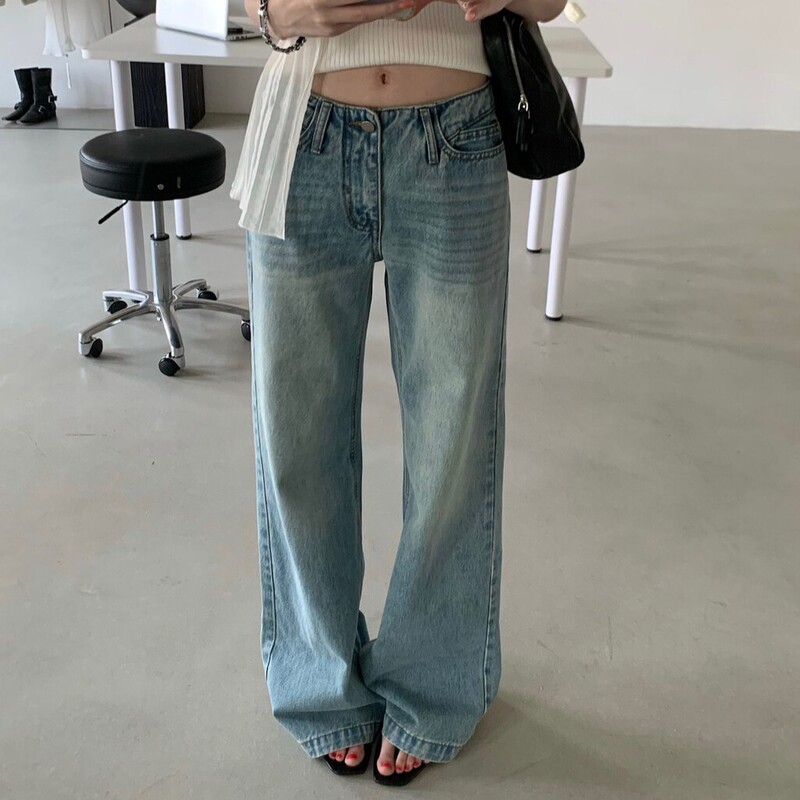 Table-Old Light Blue Low-Waist Straight Wide-Leg Pants Versatile Fashion Slimming Trendy Denim Long Pants Jeans 9621