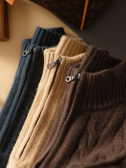 Double-stranded men's thickened 100% pure cashmere sweater semi-zipper solid color twist stand collar base sweater