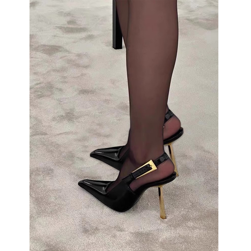 Black Pointed-Toe High Heels, Stiletto Heels, 2026 New Model, Nazha Style, Elegant Patent Leather, Sexy Metal Toe-Cap Sandals for Women