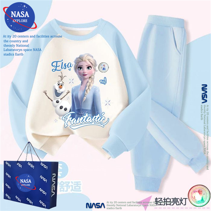 Nasa Elsa Princess Light-Up Fleece Sweatshirt Set Autumn and Winter Girls' Clothing Frozen Pants Two-Piece Set Trendy