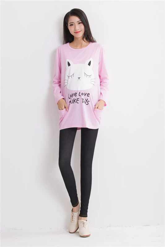 Đầm mới cho bà bầu thời trang Áo thun mùa xuân và mùa thu dài tay cỡ lớn Áo sơ mi cotton nữ Hàn Quốc