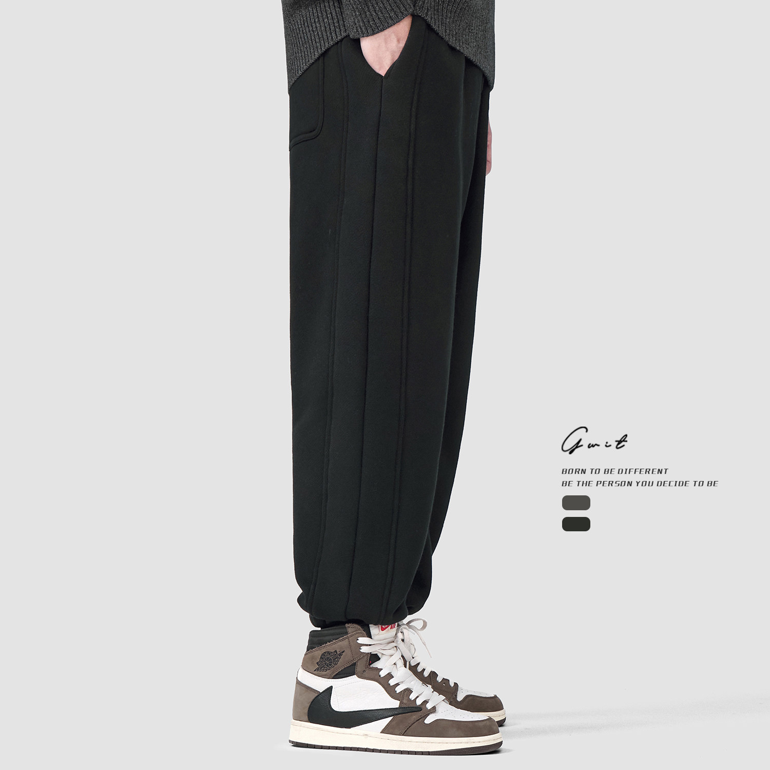 GWIT 420g Lamb Grain Suede Winter Warm Tide Cards Loose Casual Plus Suede Thickened Bunch Foot Sports Acrobae Pants Man-Taobao