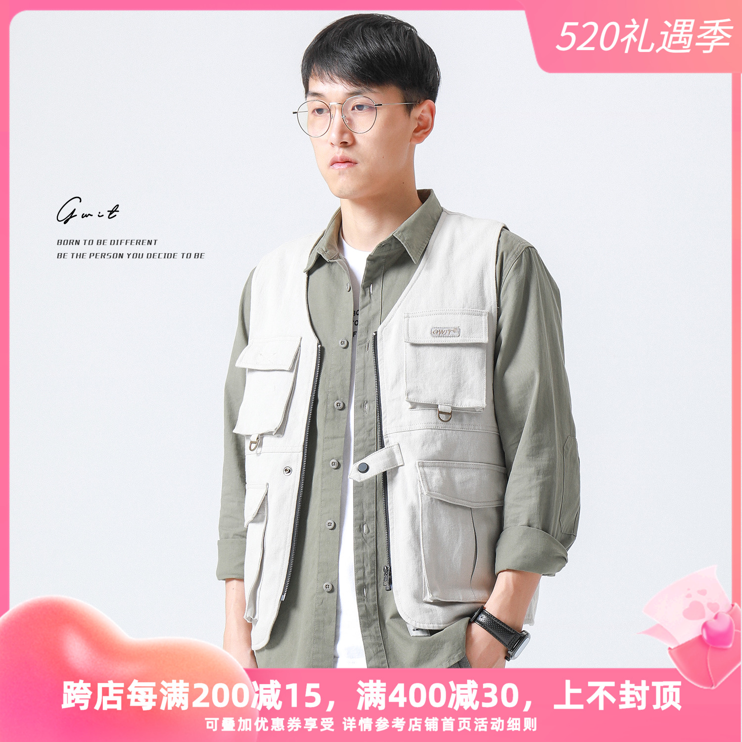 GWIT heavy pound sand washing cotton solid multiple pockets Spring autumn new American tooling vest Shoulder function waistcoat male