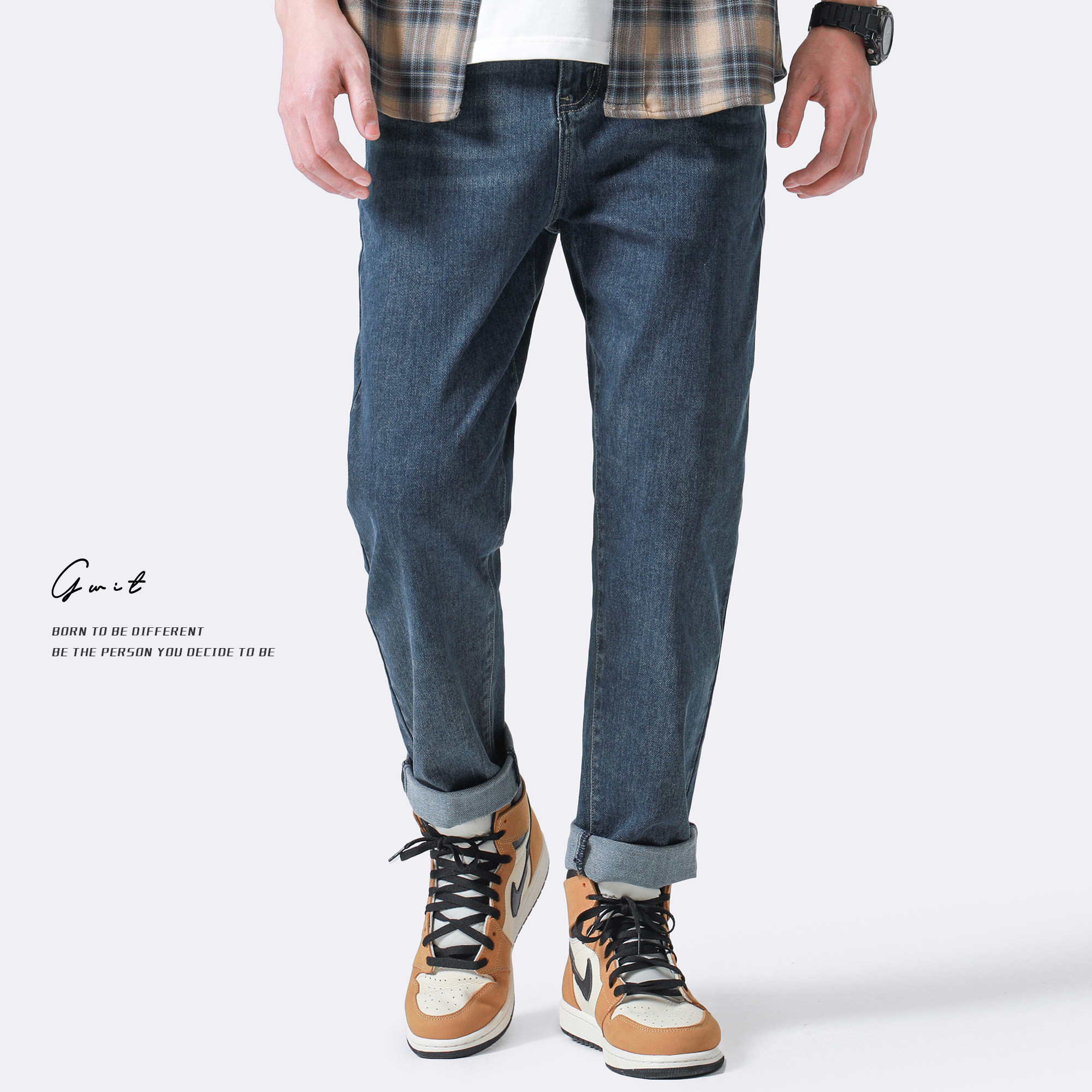 GWIT 12oz beauty white oak spring autumn new loose straight drum micro-bounty casual long pants denim smoke pipe pants man
