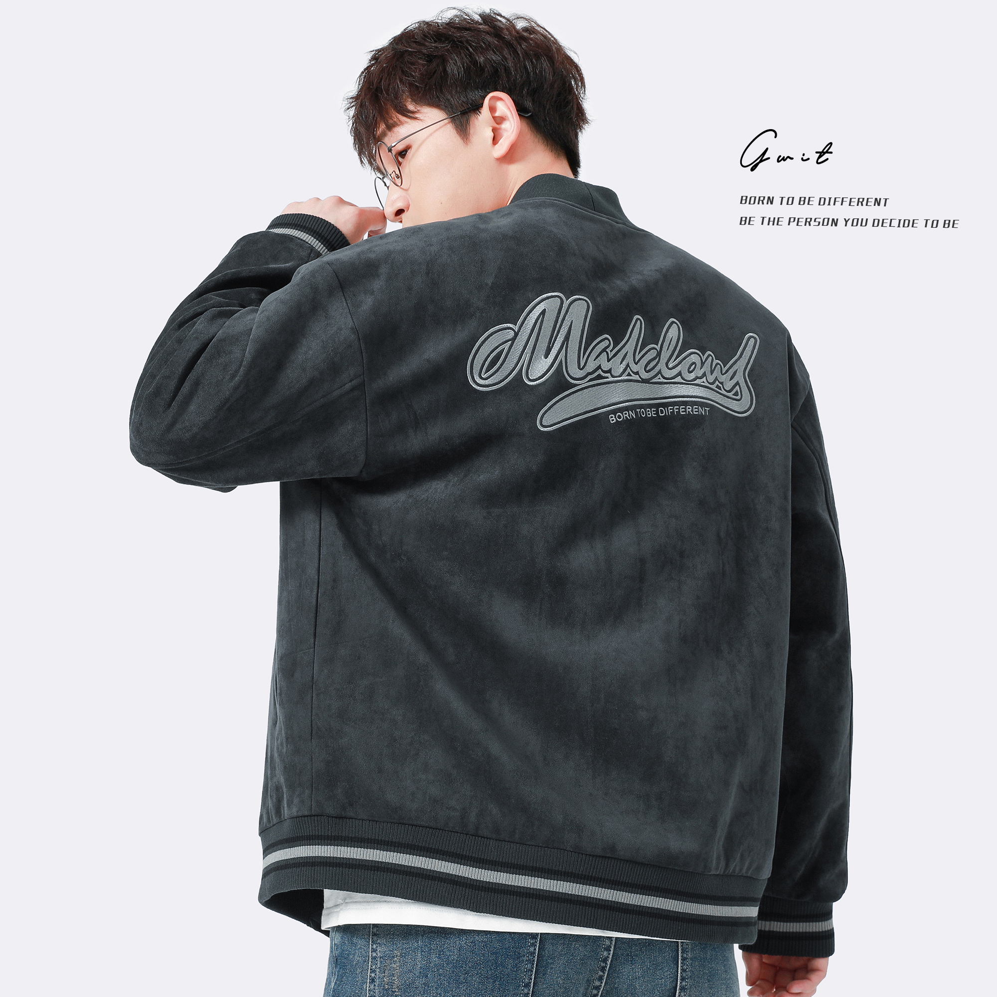 GWIT heavy frost flower suede Spring and Autumn New Baseball suit trend collar embroidery casual jacket jacket men