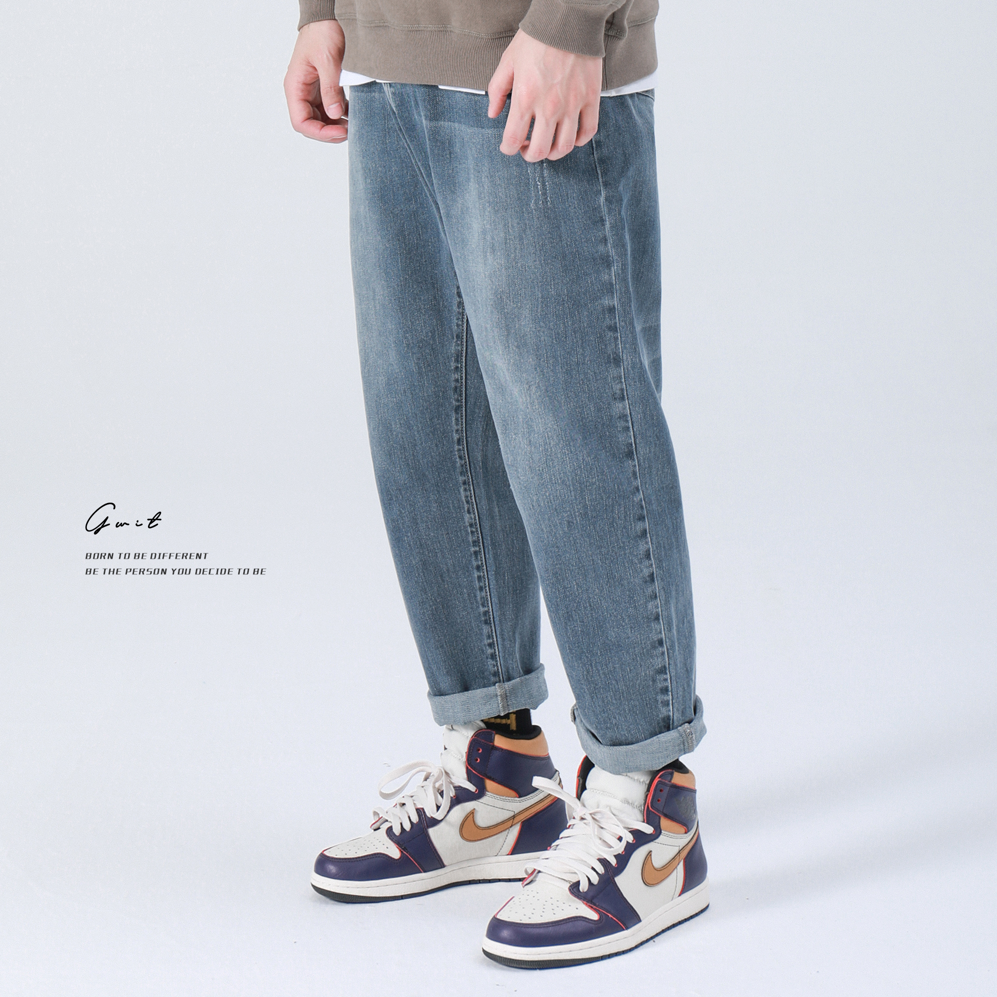 GWIT Flexible Light Glycolysis Spring Autumn New Leisure Tide Relaxation Micro-Bounty Small Feet Straight Barrel Long Pants Jeans Man