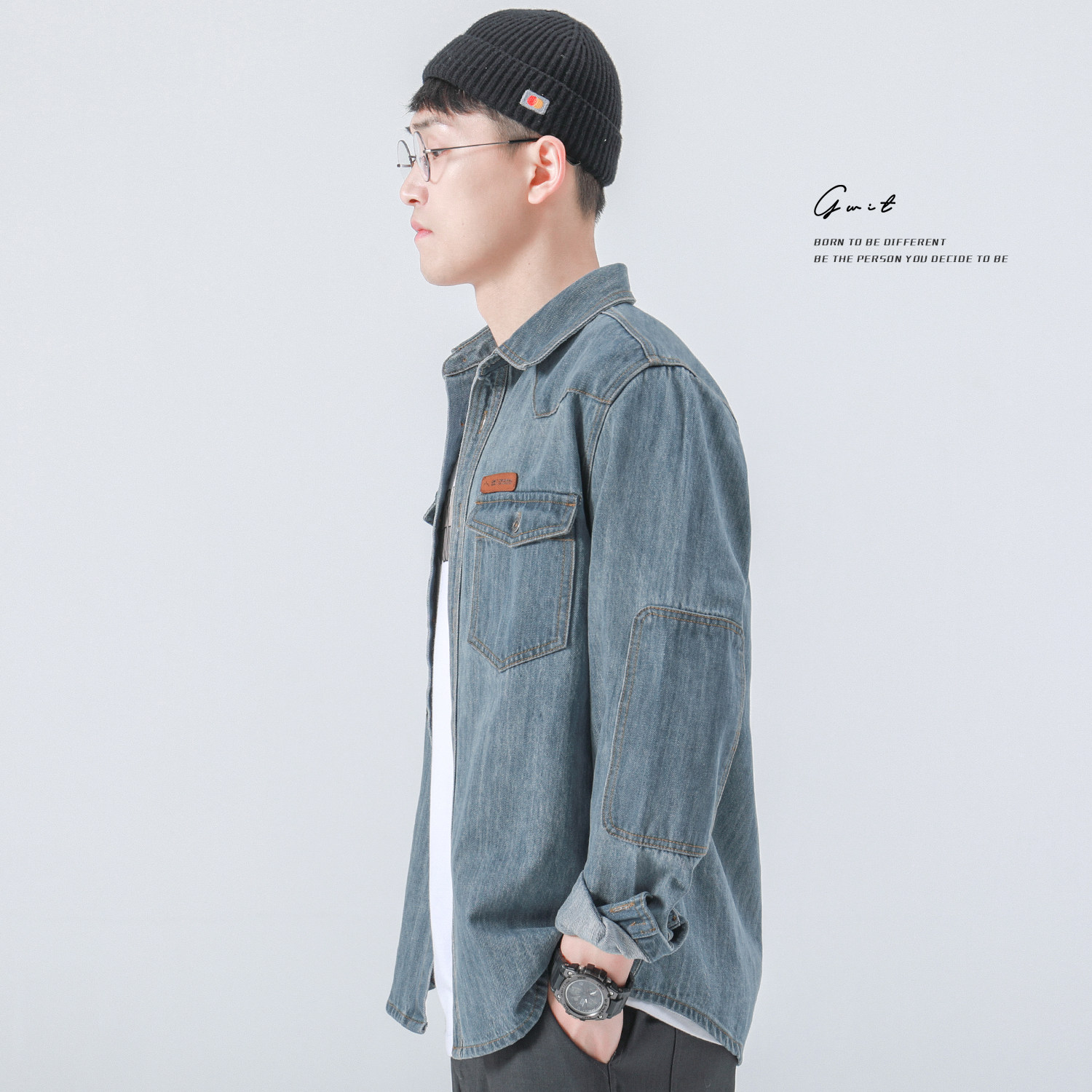 GWIT 15oz heavy pound stone mill washed spring autumn new loose inch jacket casual shirt denim shirt man