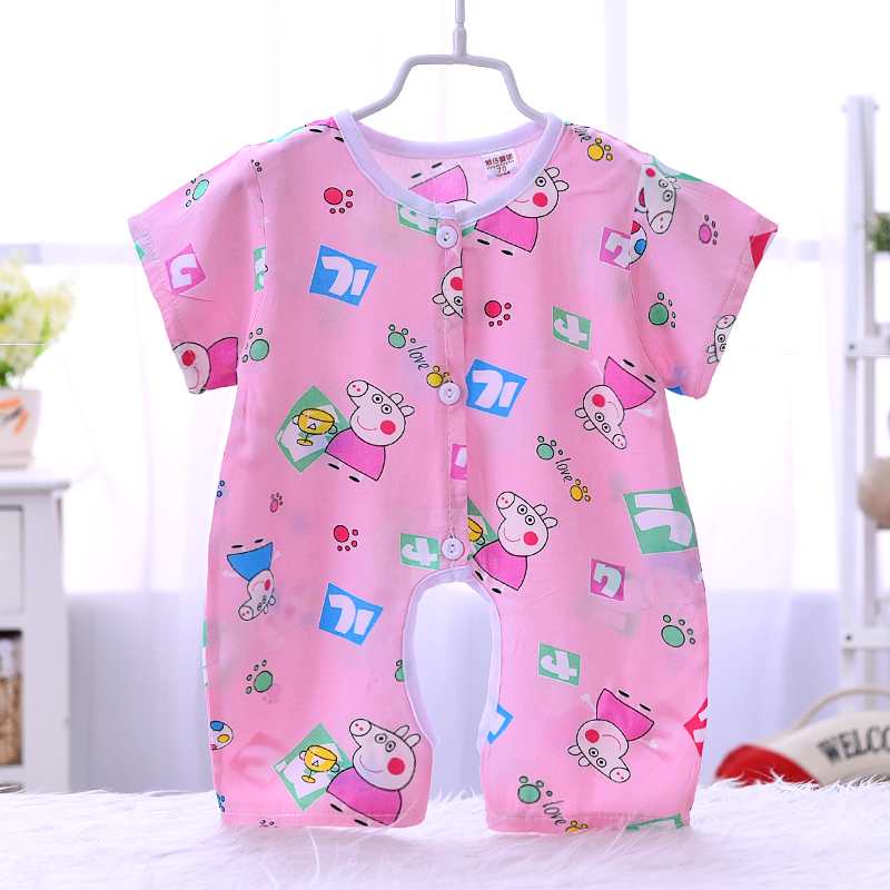 Bé bông lụa jumpsuit mùa hè ngắn tay mở bé phần mỏng 0-3-6-12 tháng sơ sinh cotton lụa quần áo