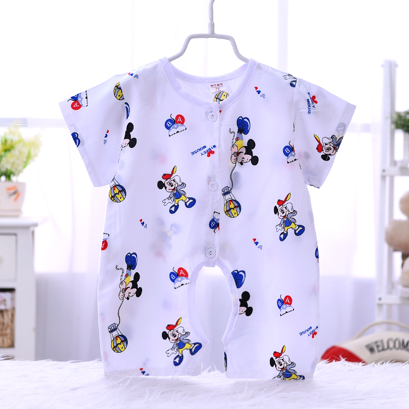 Bé bông lụa jumpsuit mùa hè ngắn tay mở bé phần mỏng 0-3-6-12 tháng sơ sinh cotton lụa quần áo