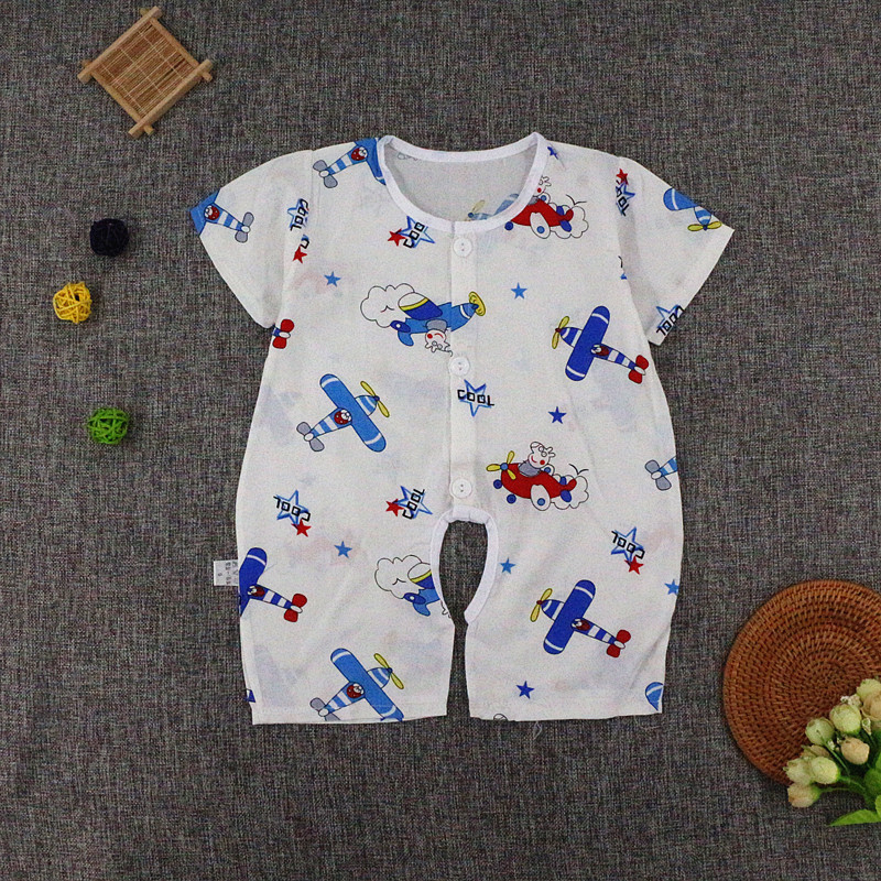 Bé bông lụa jumpsuit mùa hè ngắn tay mở bé phần mỏng 0-3-6-12 tháng sơ sinh cotton lụa quần áo