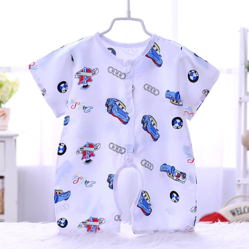 Bé bông lụa jumpsuit mùa hè ngắn tay mở bé phần mỏng 0-3-6-12 tháng sơ sinh cotton lụa quần áo