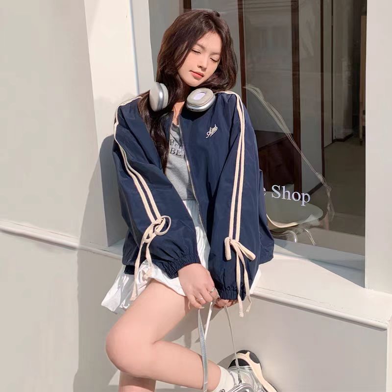 Navy Blue Korean Style Sweet and Youthful College-Style Baseball Jacket for Women, 2025 Spring and Autumn New Casual American-Style Coat