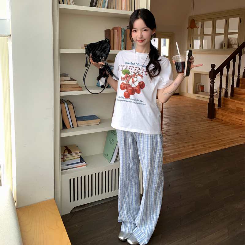 Ana Treasure Jenny【Sweetheart on the Street】Summer Korean-Style Red Cherry Letter Print Loose Short-Sleeved T-Shirt for Women Ana Treasure Jenny【Sweetheart on the Street】Summer Korean-Style Red Cherry Letter Print Loose Short-Sleeved T-Shirt for Women