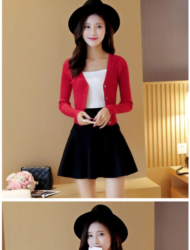 Mùa xuân 2018 mới V-cổ pit sọc ngắn tay đan len nữ là áo khoác mỏng eo cao khoác cardigan