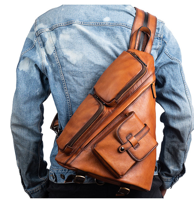 Original multifunction Men's Baotou Baotou Layer Cow Leather Retro Double Shoulder Bag Genuine Leather Wipe Color Large Capacity Chest Bag Male Bag Tide