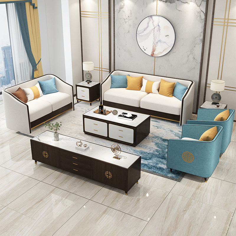 New Chinese Sofa Brief Modern China Wind Light Extravagant Solid Wood White Wax Wood Villa Living Room Fabric Composition Furniture