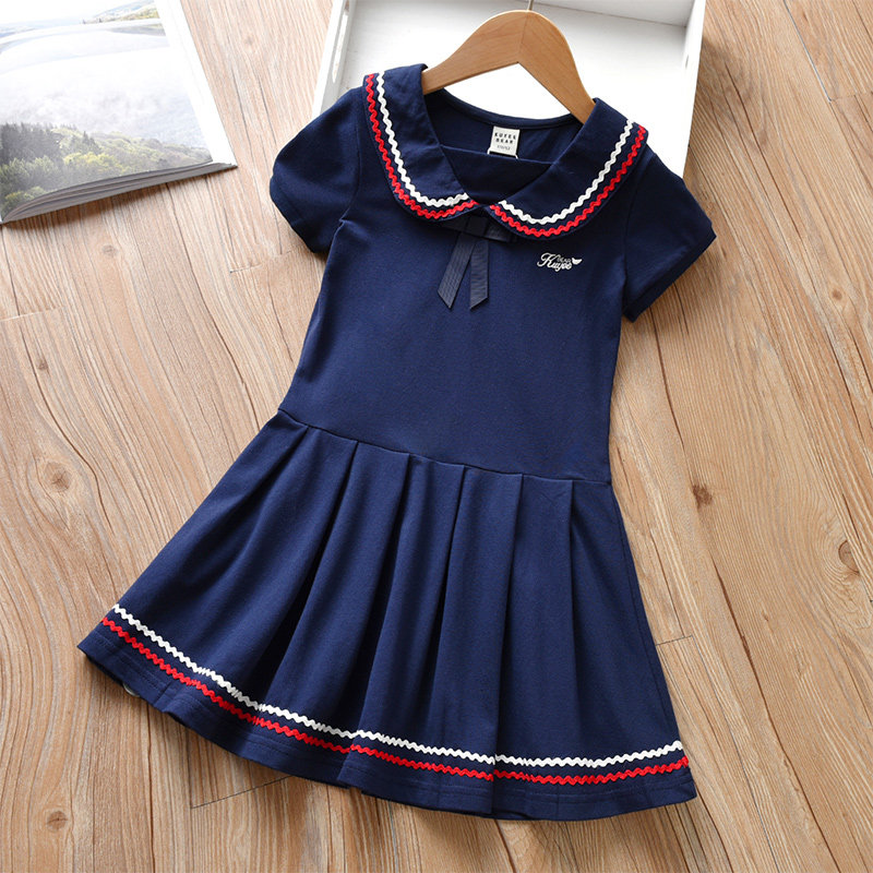 Girl High-end Foreign Dress College Wind Summer Ocean Pie Summer Women's Great Boy Pure Cotton Thin 6 Little Girl 8 Short sleeves 10 years old