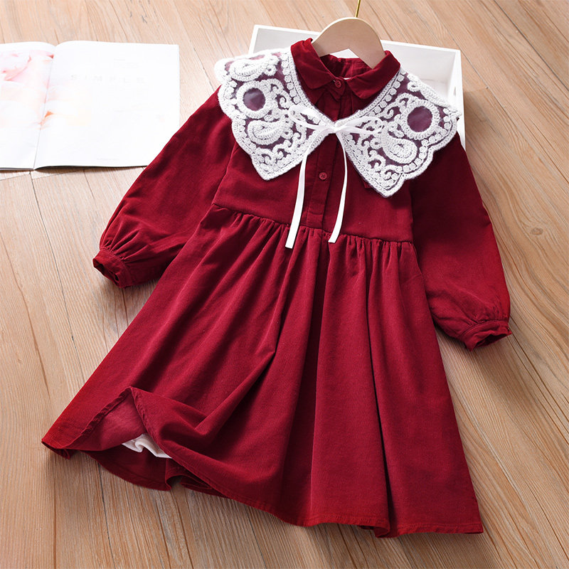 Girl Winter Foreign Dress Autumn Winter Plus Suede 2021 Red Grand Child Girl Skirt the New Year's New Year Princess Leia