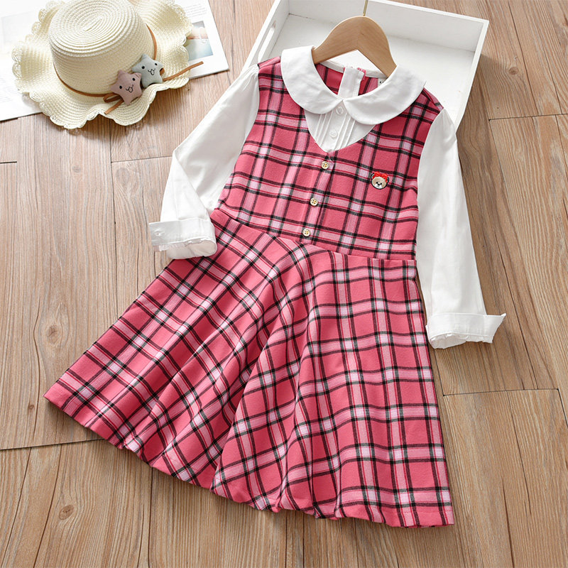Girl's plaid one-piece dress Long sleeves Spring and autumn style 2021 new female baby Skirt Little Girl College Wind Autumn Clothing Autumn