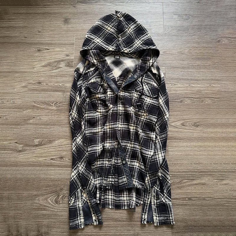 Lgb Visual Style Plaid Distressed Hooded Plaid Long-Sleeve Shirt Lgb Visual Style Plaid Distressed Hooded Plaid Long-Sleeve Shirt