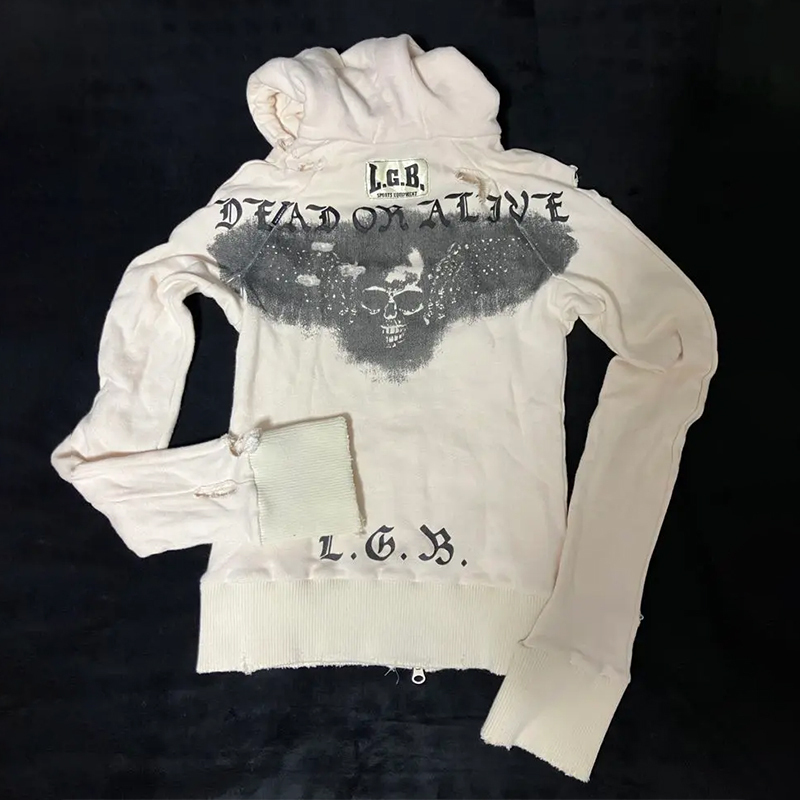 Lgb Pioneer Visual Series Life and Death Skull Print Distressed Hooded Zip-Up Sweatshirt Unisex