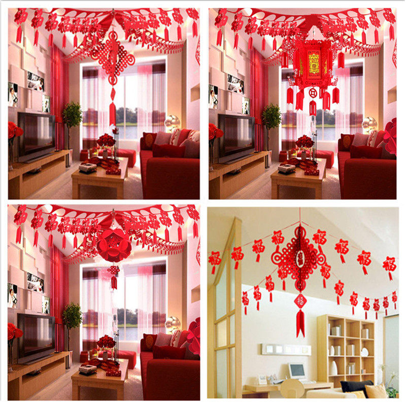 New Year Suite Festive Decorations Living-room Rooms Fu Calligraphy laflower Chinese knot Hanging Accessories Mall Wave Banner Spring Festival arrangements