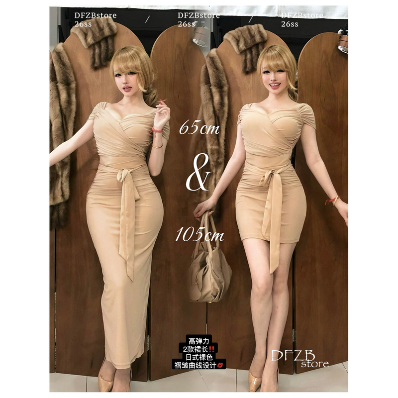 Dfzbstore Yui Kuroi～Japanese-Style Pleated Bodycon Dress, Available in Two Lengths, with Waist-Cinching Tie, Tight-Fitting Dress