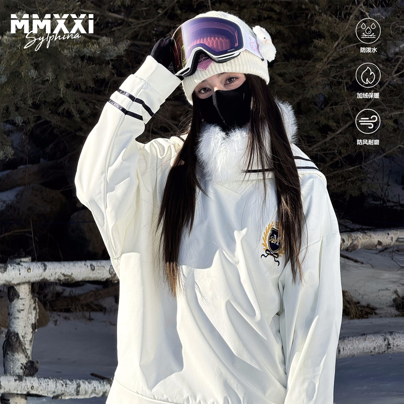 Mmxxi【Navy Blue】White Ski Sweatshirt Waterproof Windproof Thickened Warm Snowboard Suit for Women