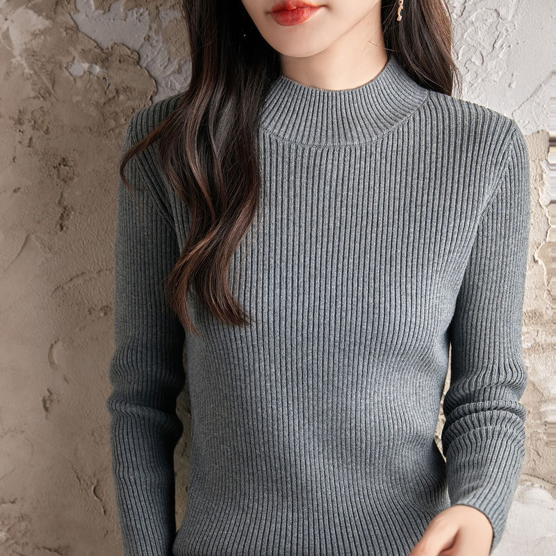 Non-Pilling Half-High Collar 100% Pure Cotton Knitted Sweater for Women, Spring Slim-Fit Inner Layering Top, Slimming Shirt