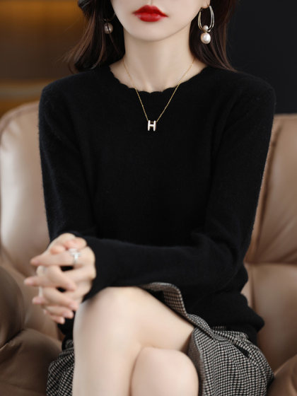 软糯休闲花边圆领打底衫女新款洋气2024年秋季毛衣长袖针织衫宽松