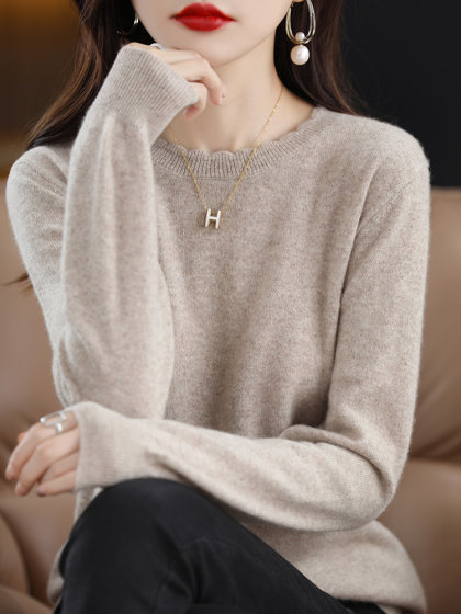 软糯休闲花边圆领打底衫女新款洋气2024年秋季毛衣长袖针织衫宽松