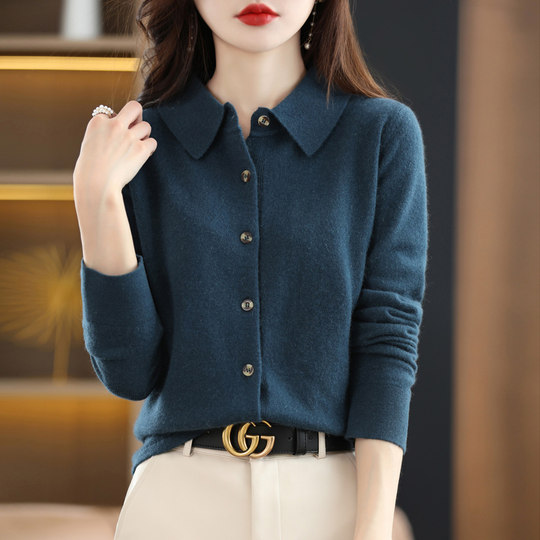 Wool single-breasted POLO collar solid color sweater