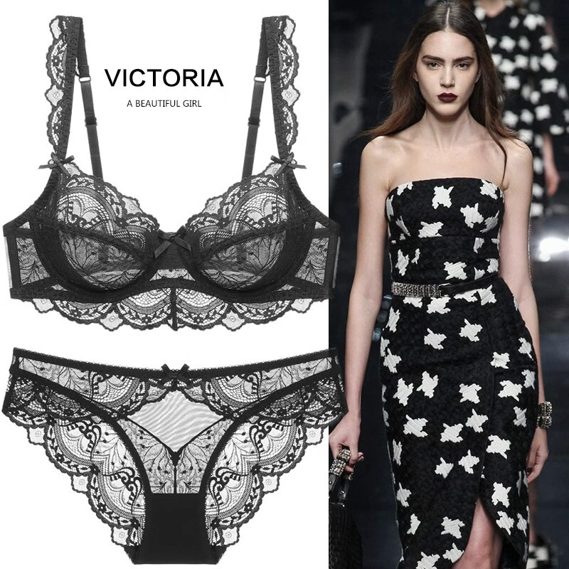 Viduo Women's Sexy Lace Lingerie Ultra-Thin Breathable Comfortable Non-Padded All-Season Bra Set for Large Busts to Appear Smaller