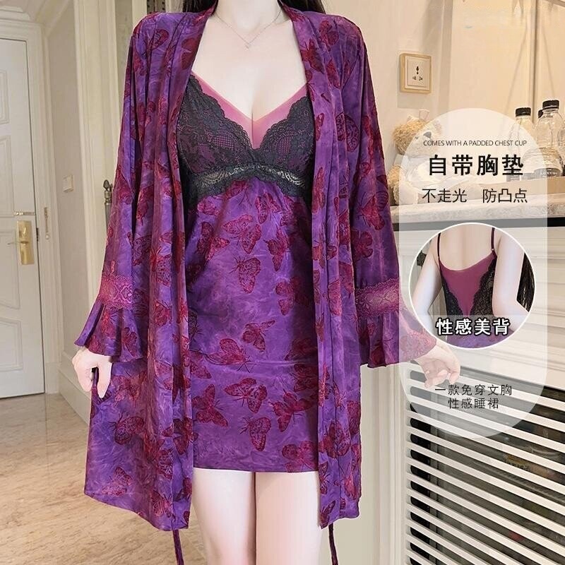 Victoria's Secret Sexy Padded Butterfly Print Nightgown with Sheer Mesh and Velvet Straps, Push-Up Nightdress and Robe