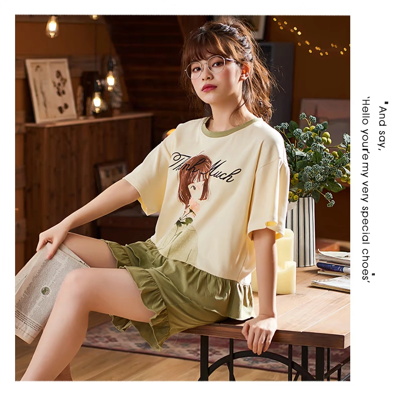 Đồ ngủ phụ nữ mùa hè cotton tinh khiết mỏng hai mảnh phù hợp với quần short cổ tròn tay ngắn sinh viên thời trang tươi mát và đơn giản phục vụ tại nhà - Giống cái