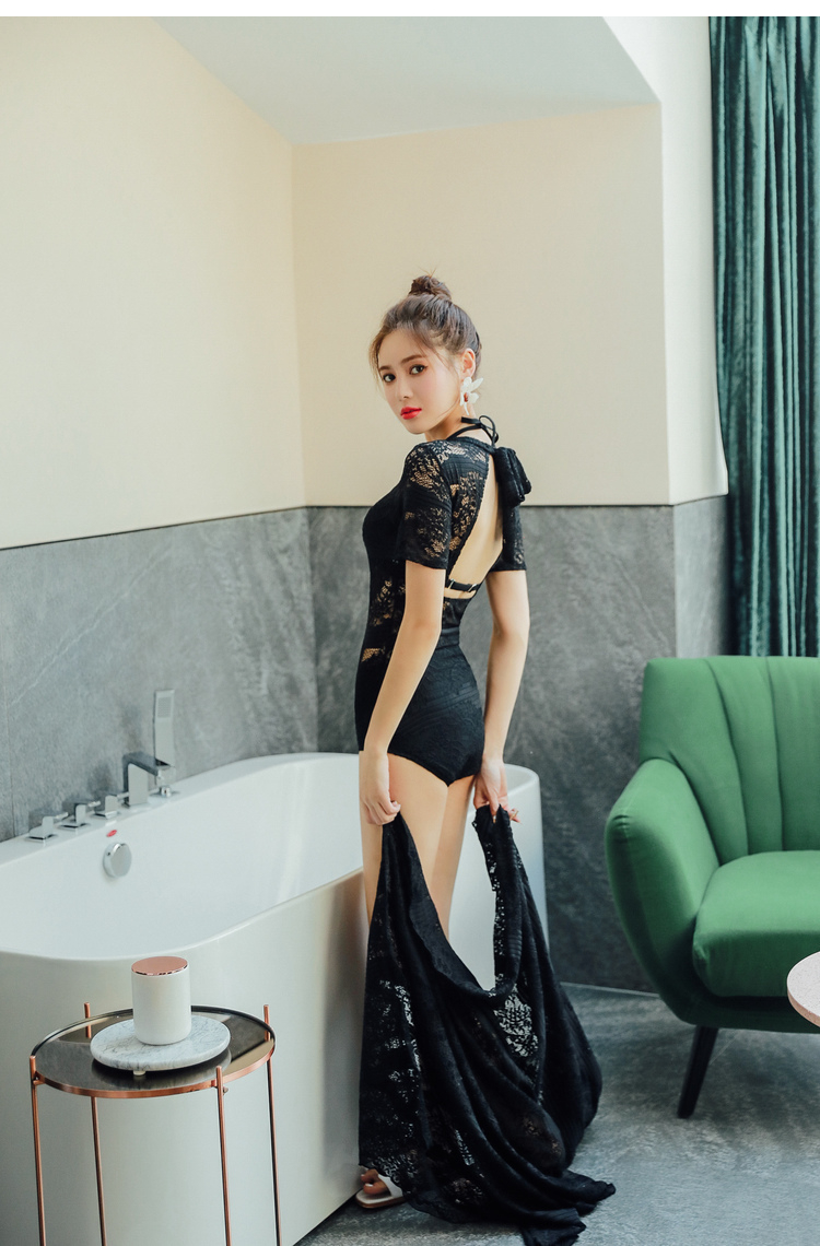 Áo tắm nữ ôm sát bụng gợi cảm Hàn Quốc tụ tập 2018 mới lưới đỏ tay ngắn ren đen một mảnh áo tắm áo bơi liền thân