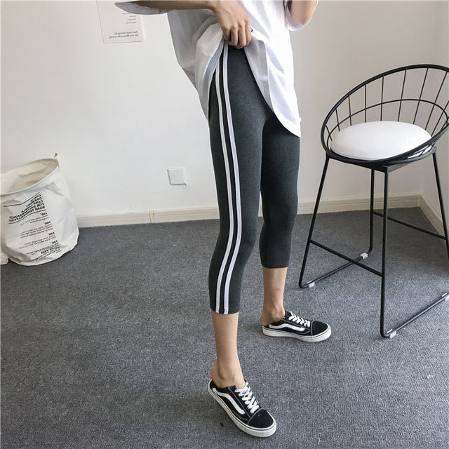 Xia Shangxin ຝ້າຍສີຂາວ striped ສອງແຖບກິລາ leggings ໃກ້ຊິດສໍາລັບ leggings ແປດຈຸດ elastic ຂະຫນາດນ້ອຍຂອງແມ່ຍິງ.