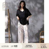 Nedia 2022 Pajamas Womens Summer Cotton Short Sleeves V Collar National Feng Shui Ink Painting Ice Silk Cropped Pants Home Wear Set