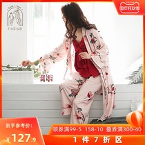 Nidia pajamas robes female autumn cotton long sleeve suspenders sexy wedding Red Spring and Autumn home clothes three-piece suit