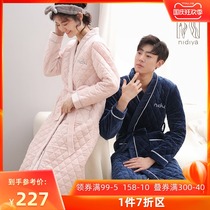 Korean couple pajamas nightgown women winter coral fleece cotton long sleeve long cardigan autumn and winter thick mens home clothes