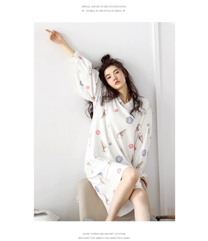 Bộ đồ ngủ Nitya Princess Wind Nightdress Women Spring Long tay Cotton Dễ thương Mùa thu Mùa hè lỏng lẻo Kích thước lớn Mùa xuân và Thu mùa Dịch vụ tại nhà - Đêm đầm