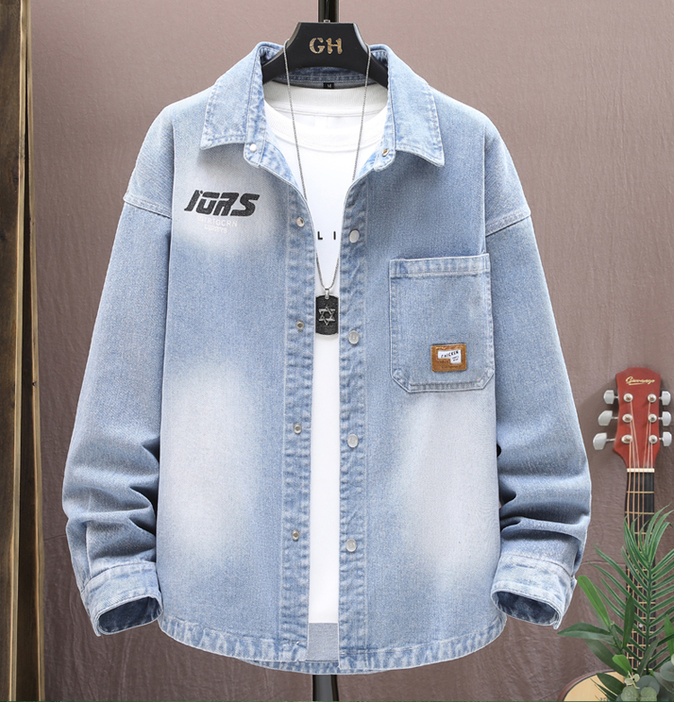 Spring and Summer American-Style Denim Shirt for Men, Stylish and Trendy Printed Long-Sleeve Shirt for Teenagers and Students, Trendy Brand Jacket