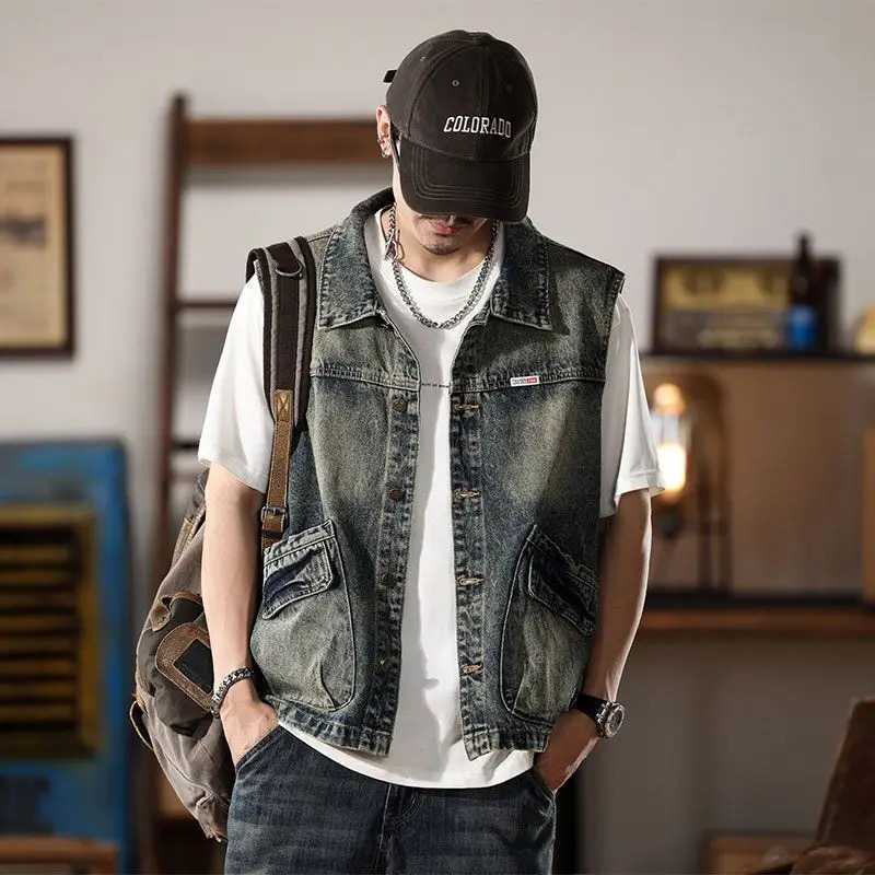 Spring and Autumn Motorcycle Trendy Denim Vest Men's Loose Denim Jacket Men's American Retro Vest Sleeveless Vest