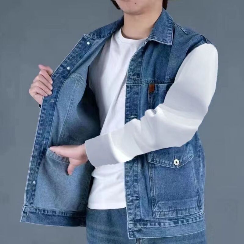 Summer Denim Vest for Men, American Retro Style, Sleeveless Vest, Workwear, Trendy Welding Multi-Pocket Jacket