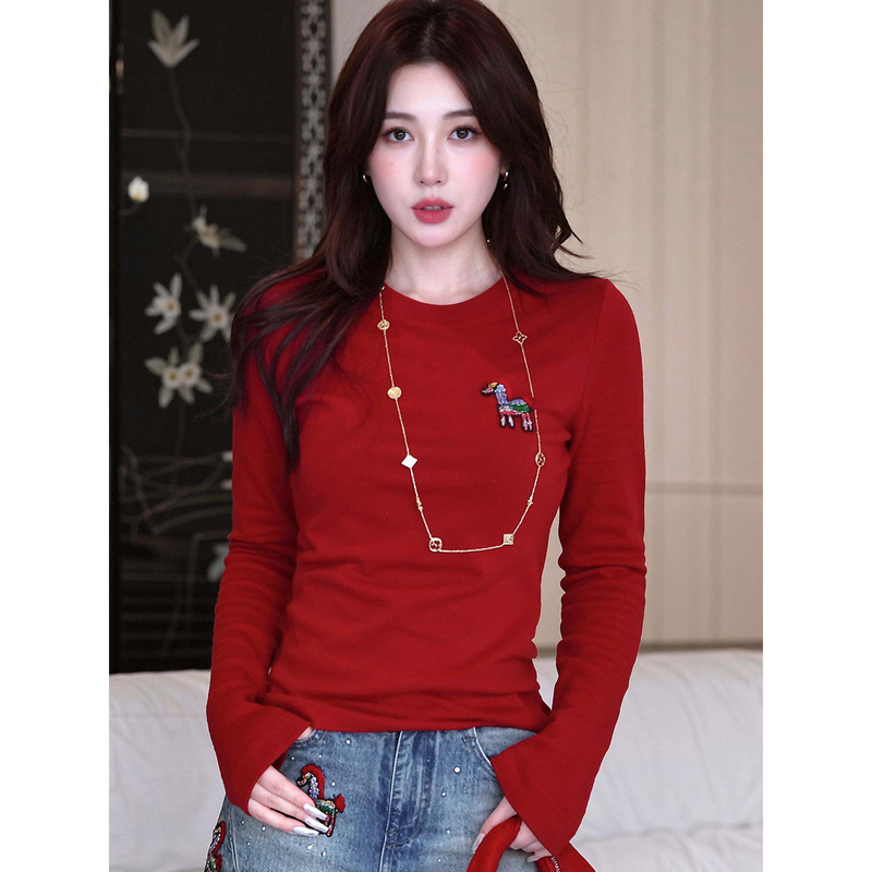 High-End Red Pony Print 2026 New Year New Long-Sleeved T-Shirt for Women, Slim Fit, Round Neck Base Shirt Top
