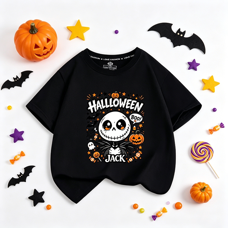 Halloween Kidsren's Costume Short-Sleeved T-Shirt Boys' Pure Cotton Half-Sleeved Female Jack Skull Print Black Summer Top