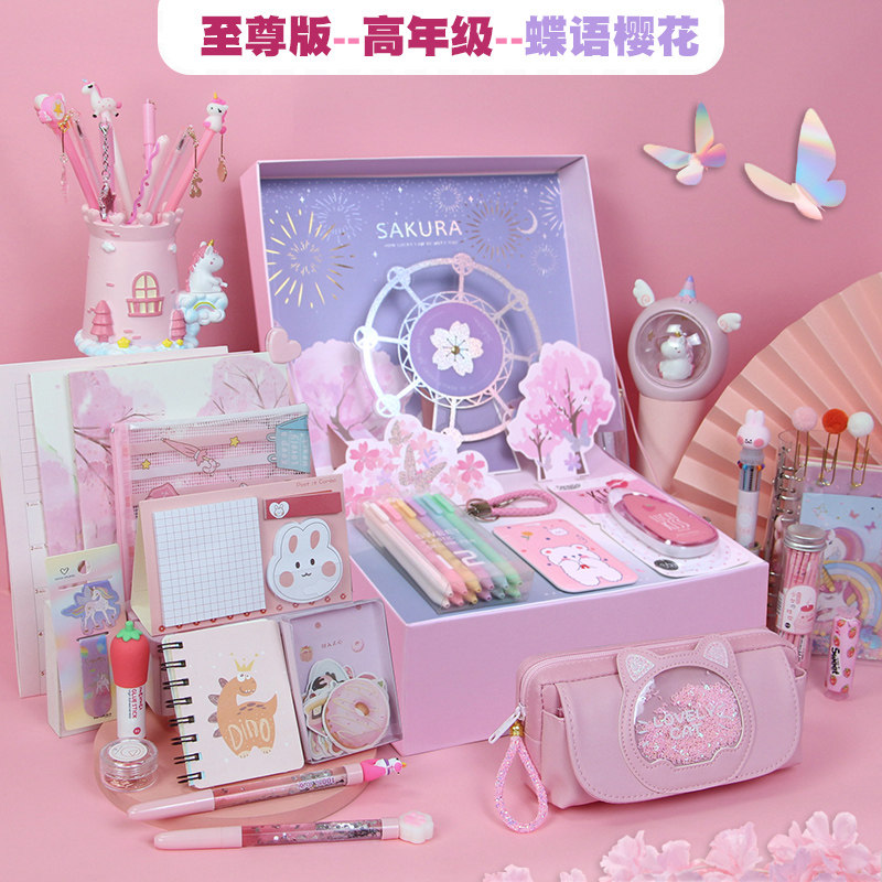 2021 highend gift Girl heart net Red stationery set gift box Girl birthday gift Unicorn three
