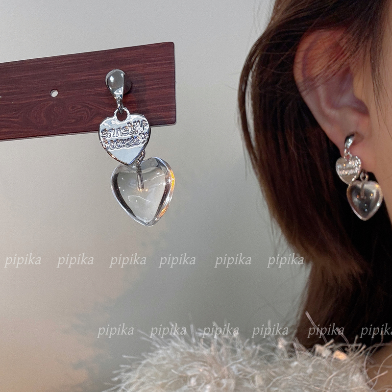 Pipi Original Design English Heart-Shaped Ice-Clear Water Peach Heart Two-Way Wear Earrings for Women Versatile Niche Earrings with Silver Needle