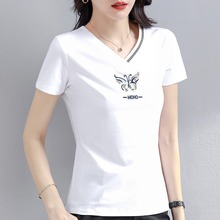 Authentic women's V-neck pure cotton T-shirt at the counter, 2024 summer new top, Korean version slim fit and slimming short sleeved T-shirt for women